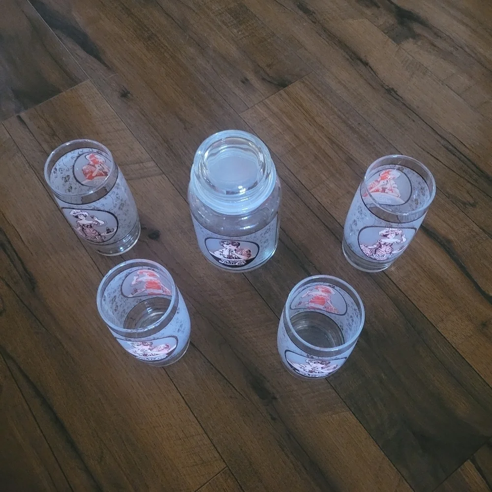 Vintage 70's Pepsi Cola Gibson Girl Soda Drinking Glasses‎ Set of 4 and Canister